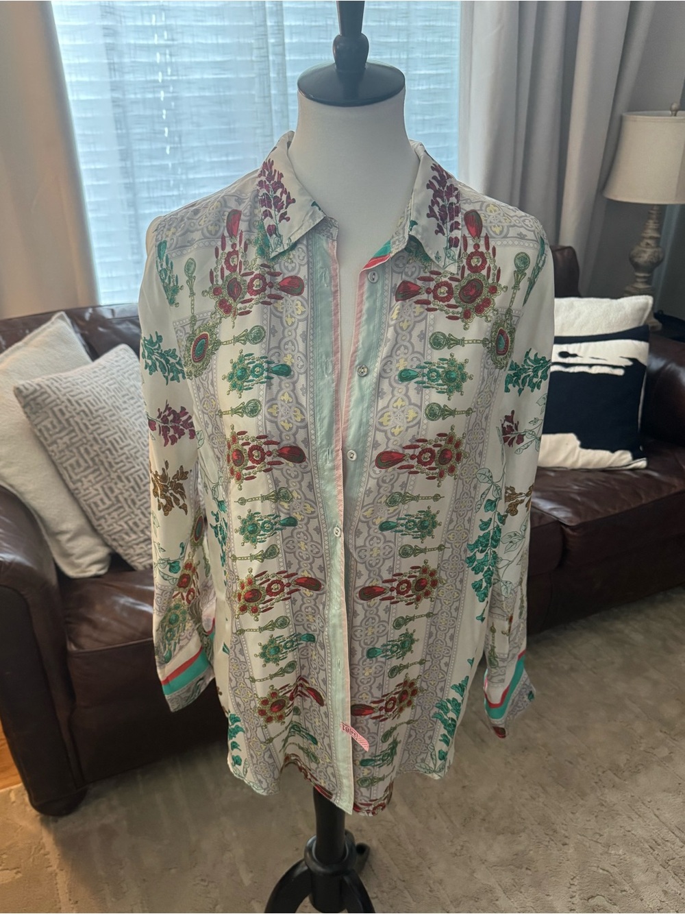 Johnny Was Small 100% Silk Jewel Botanical Print Button Down Blouse